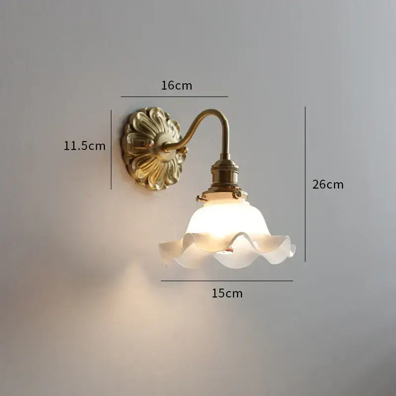 Antique brass wall lights with frosted ribbed glass shade and delicate ruffled edges for decorbites ceramic led wall use
