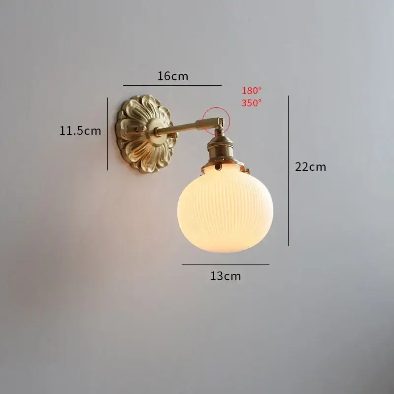 Vintage-style antique brass ribbed glass wall lights with frosted globe for bedroom decorbites ceramic led wall lighting