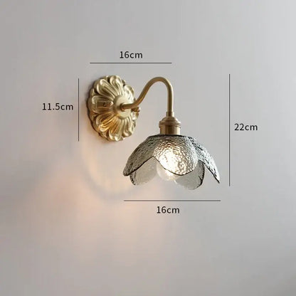Antique brass wall lights with gold-toned ribbed glass shade shaped like an open flower for bedroom decorbites ceramic ball led