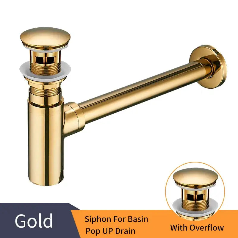 Antique brass round bottle trap siphon drain pump with gold-colored brass basin siphon pop-up drain and overflow feature