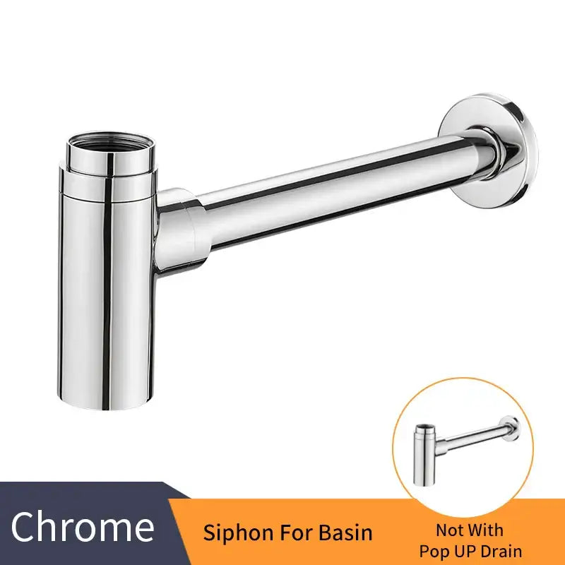Chrome-finished siphon drain for basin with polished metal design complementing decorbites brass round bottle trap