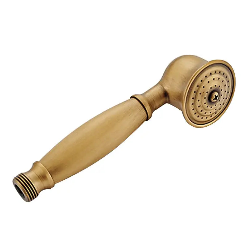 Antique brass round shower faucet set with a handheld sprayer featuring a classic rounded design and spray holes