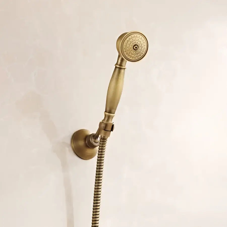 Antique brass round shower faucet set with handheld sprayer featuring a textured circular face and slender handle