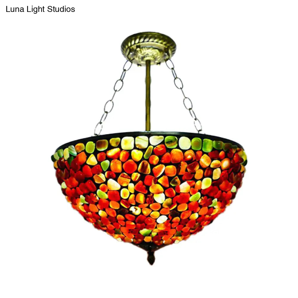 Antique Brass Semi Flush Mount Stone Ceiling Lamp with Bowl Shade - 3 Lights - Mediterranean Style