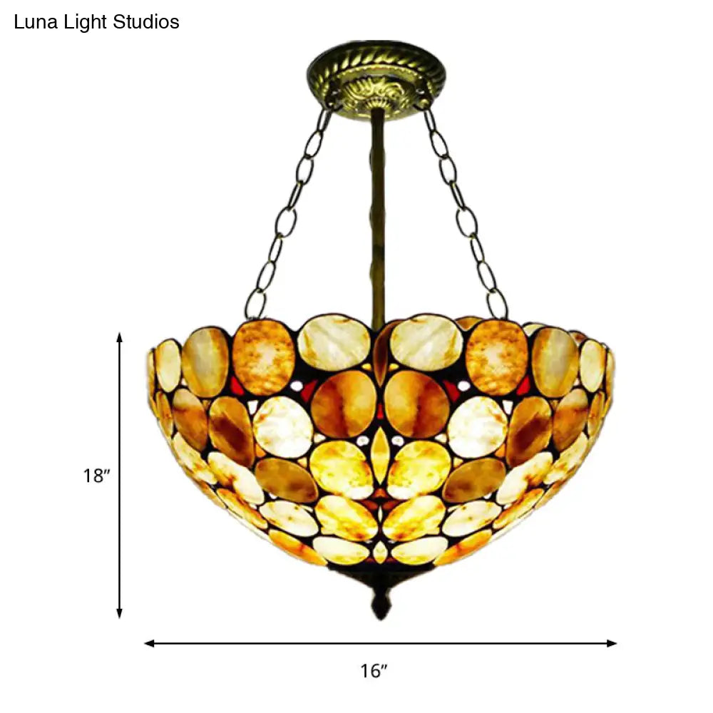 Antique Brass Semi Flush Mount Stone Ceiling Lamp with Bowl Shade - 3 Lights - Mediterranean Style