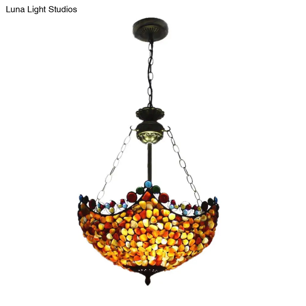 Antique Brass Semi Flush Mount Stone Ceiling Lamp with Bowl Shade - 3 Lights - Mediterranean Style