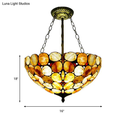 Antique Brass Semi Flush Mount Stone Ceiling Lamp with Bowl Shade - 3 Lights - Mediterranean Style