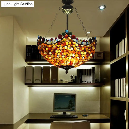 Lámpara de techo semiempotrada de latón antiguo con pantalla de piedra - 3 luces - Estilo mediterráneo