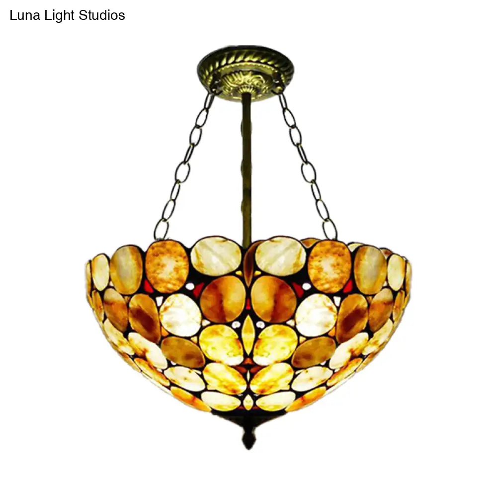 Antique Brass Semi Flush Mount Stone Ceiling Lamp with Bowl Shade - 3 Lights - Mediterranean Style