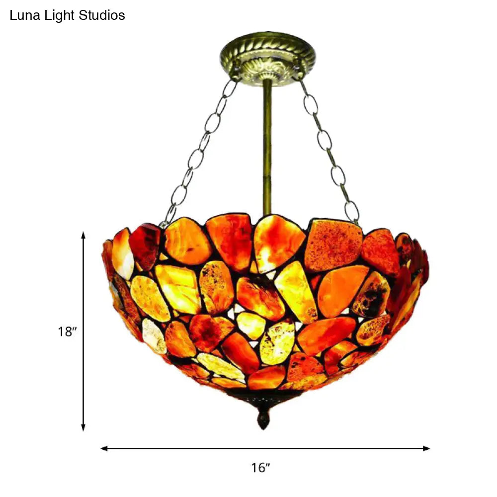 Antique Brass Semi Flush Mount Stone Ceiling Lamp with Bowl Shade - 3 Lights - Mediterranean Style