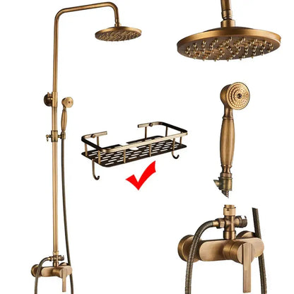 Antique brass shower system with brass finish, tall overhead rainhead, handheld spray nozzle, and wall-mounted valve