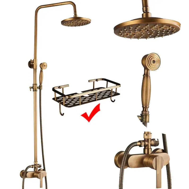 Antique brass shower system with brass finish, tall overhead rainhead, handheld spray nozzle, and wall-mounted valve