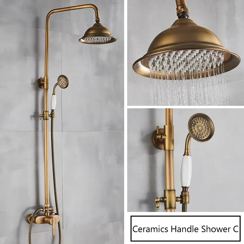 Antique brass shower faucet with ceramic handles rainhead and handheld nozzle bathroom shower system in antique brass finish