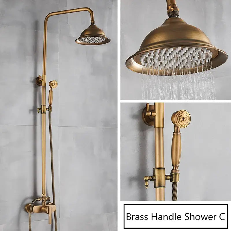 Antique brass shower faucet with handshower featuring a large dome rainhead and handheld spray nozzle in brass finish