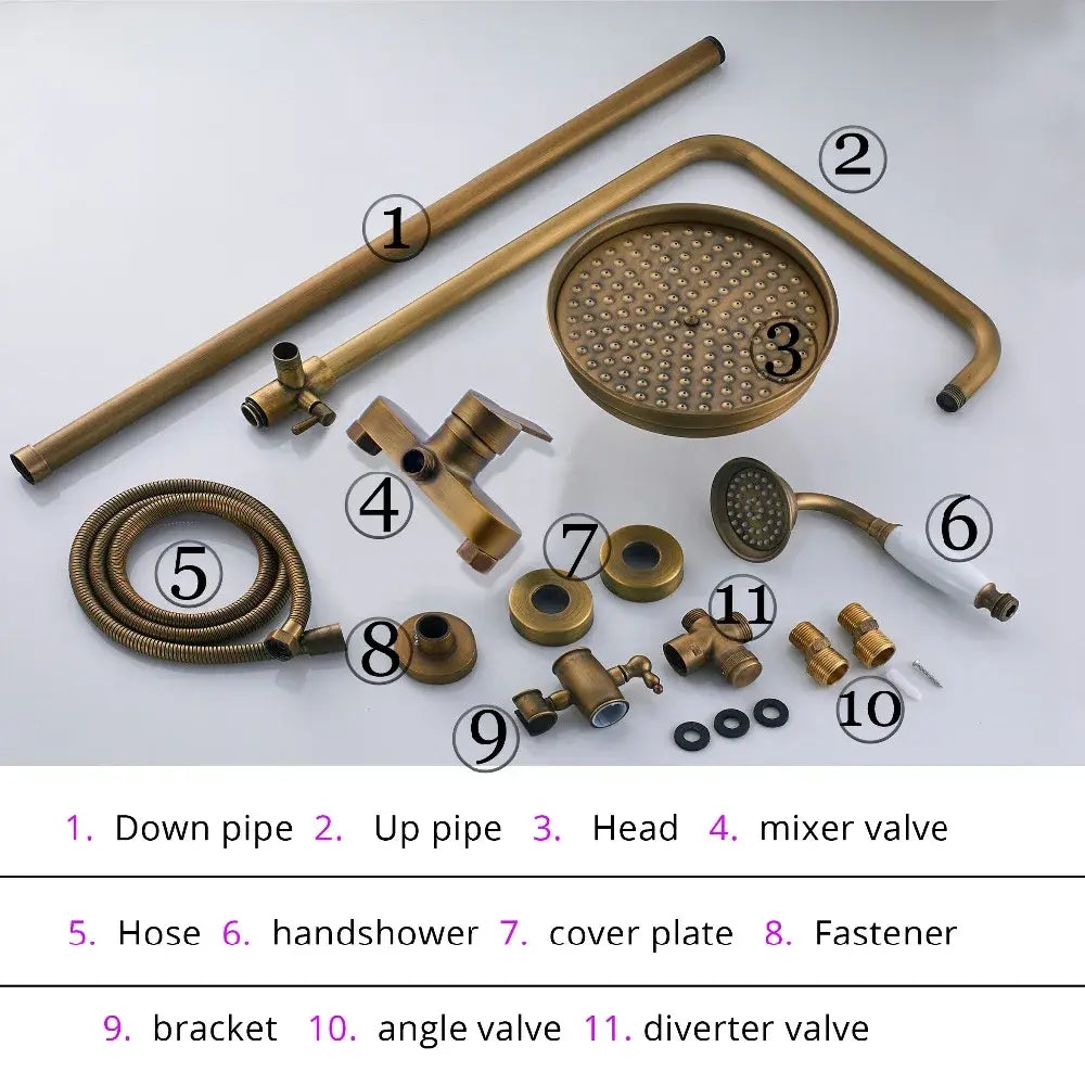 Antique brass shower faucet with handshower featuring a brass-finished circular showerhead with multiple spray holes