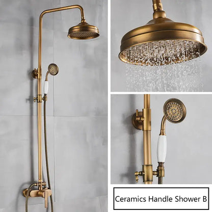 Antique brass shower faucet with ceramic handle and matching handheld nozzle in antique brass finish bathroom shower system