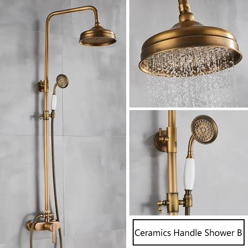 Antique brass shower faucet with ceramic handle and matching handheld nozzle in antique brass finish bathroom shower system
