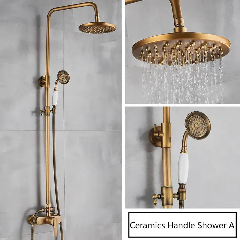 Antique brass shower faucet with handshower featuring a brass-finished rainhead and white ceramic handles bathroom shower system