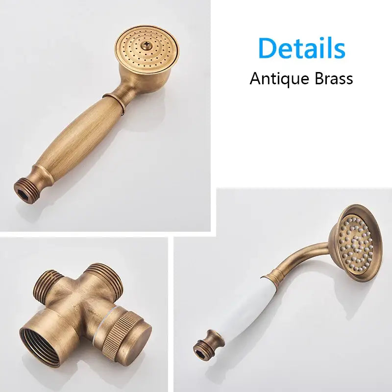 Antique brass shower faucet with handheld showerhead featuring a textured perforated face and smooth tapered handle