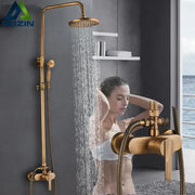 Antique brass shower faucet with handshower featuring gold-finished brass rainhead and handheld sprayer for bathroom use