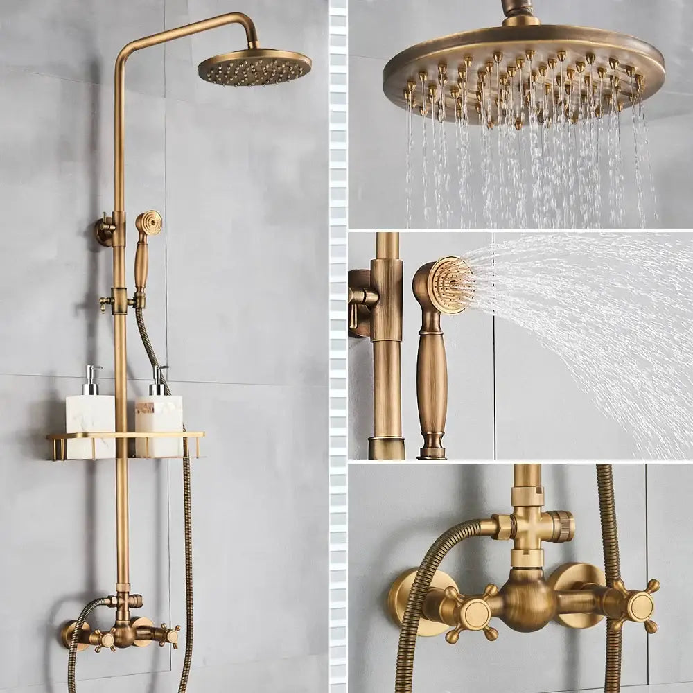 Antique brass shower set with brass finish round rainhead ceramic hand sprayer and wall-mounted control valves