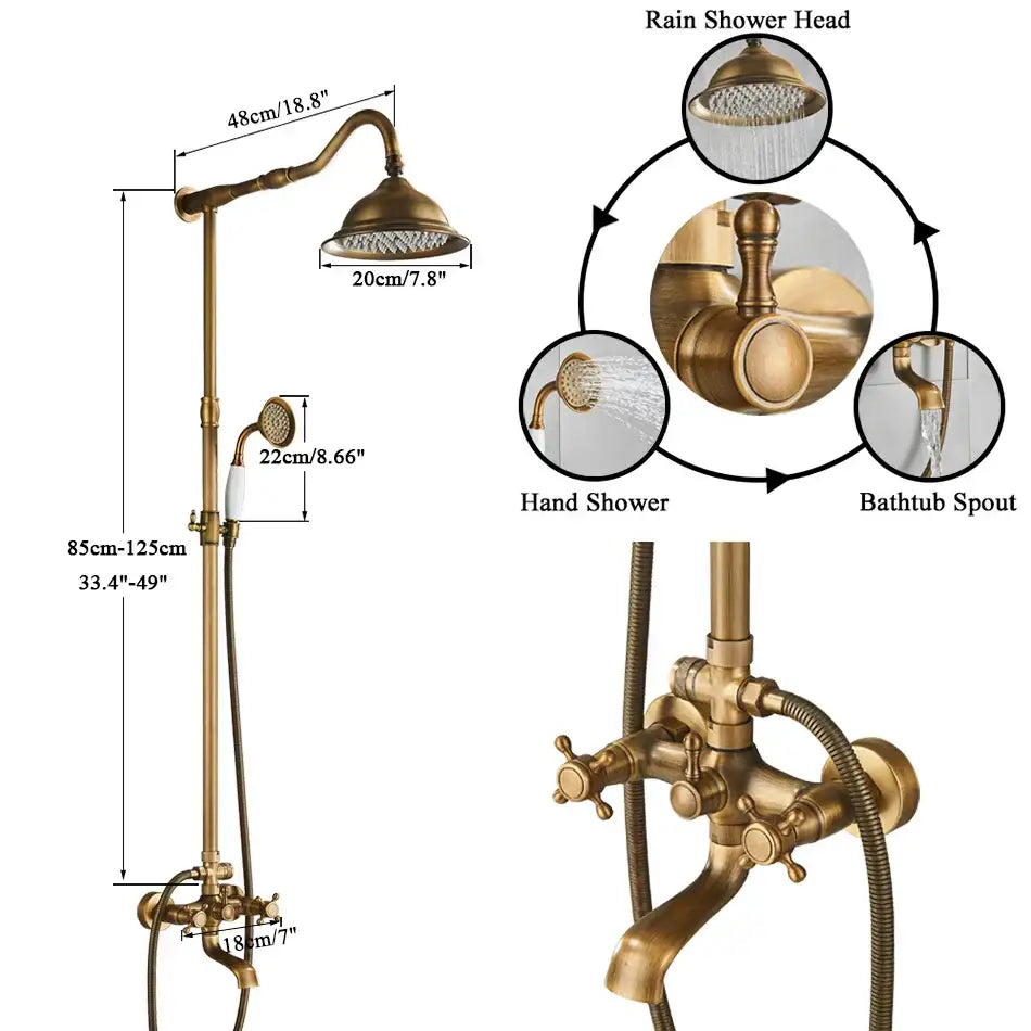 Antique brass shower set with ceramic hand sprayer rainhead handheld and bathtub spout by decorbites brass shower