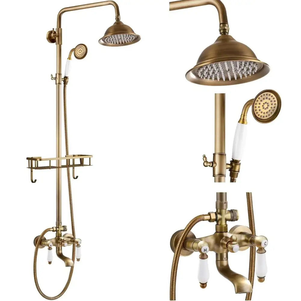Antique brass shower set with ceramic hand sprayer featuring brass finished vintage style shower system and decorbites brass shower elements