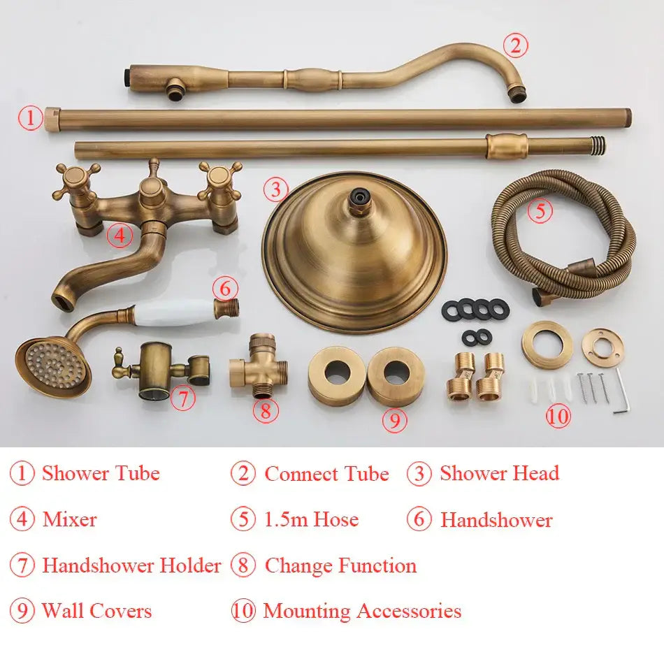 Antique brass shower set with ceramic hand sprayer featuring wall-mounted mixer and curved shower head by decorbites brass shower