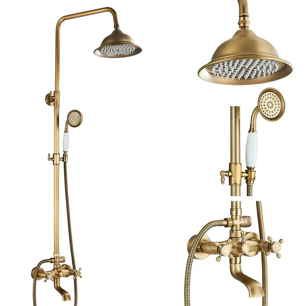 Antique brass shower set with ceramic hand sprayer features tall rainhead and wall-mounted faucet for decorbites brass shower