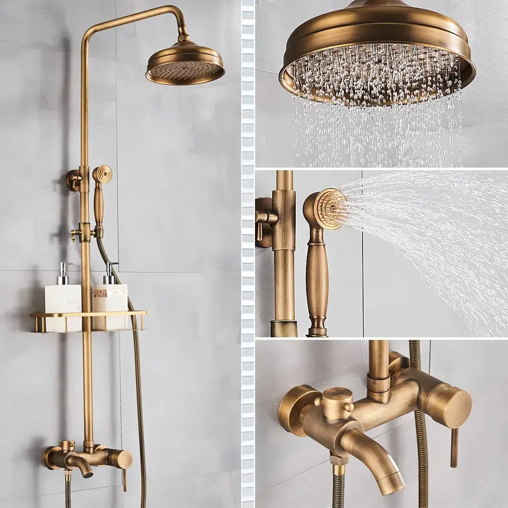 Antique brass shower set with large overhead rainhead ceramic hand sprayer and wall-mounted control valve decorbites brass shower