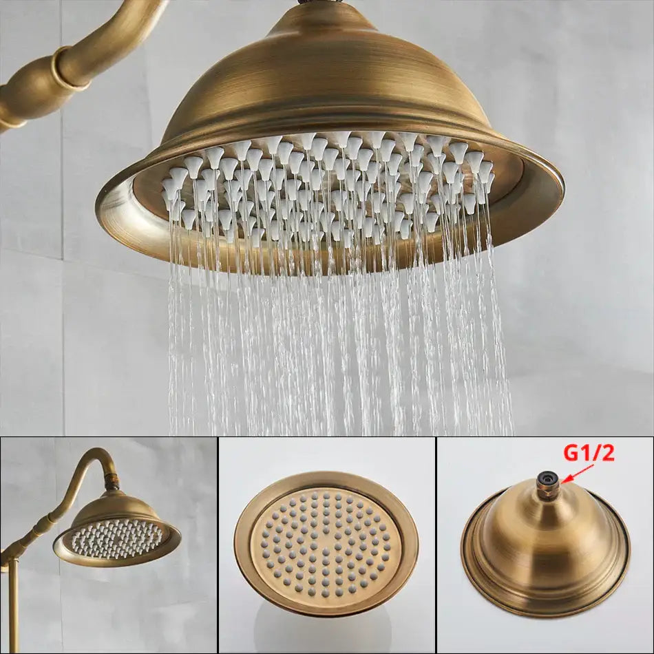Antique brass shower set rainfall showerhead with ceramic hand sprayer and g1/2 threaded brass shower set connection
