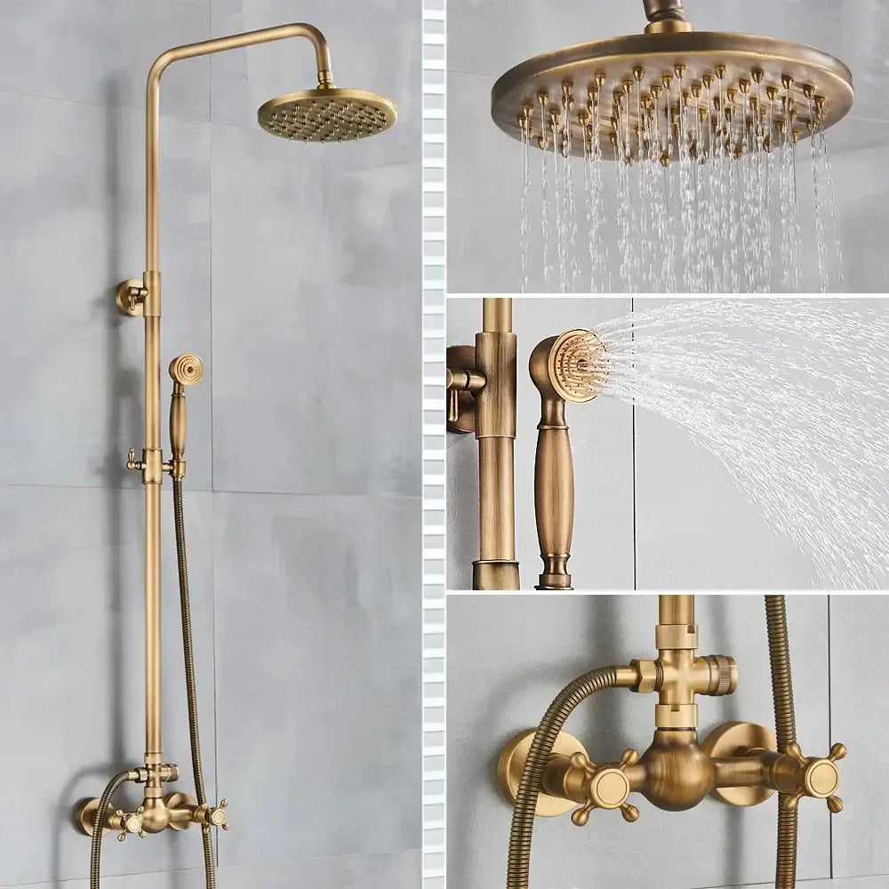 Antique brass shower set with ceramic hand sprayer featuring brass-finished rainhead and wall-mounted valves decorbites brass shower