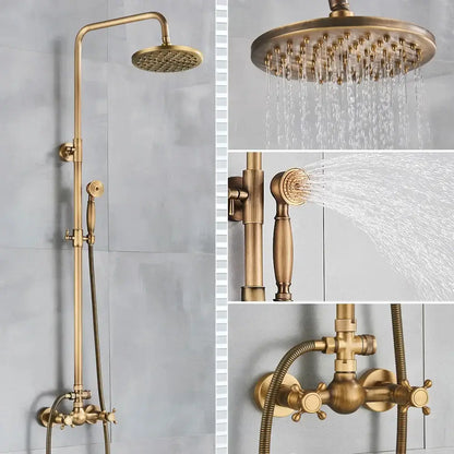 Antique brass shower set with ceramic hand sprayer featuring brass-finished rainhead and wall-mounted valves decorbites brass shower