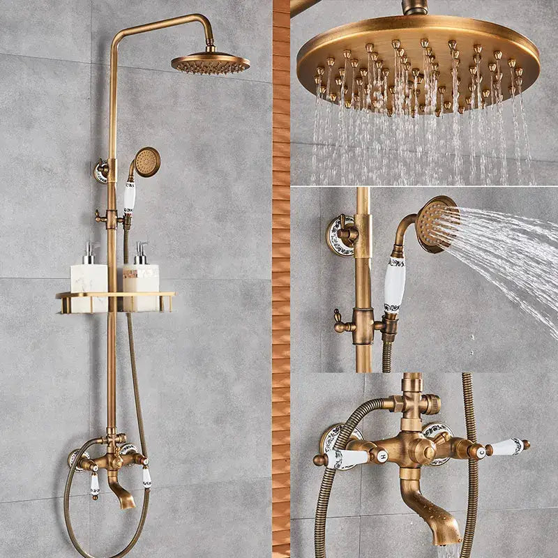 Antique brass shower set with ceramic hand sprayer and large rainhead in brass finish for elegant bathroom decorbites brass shower