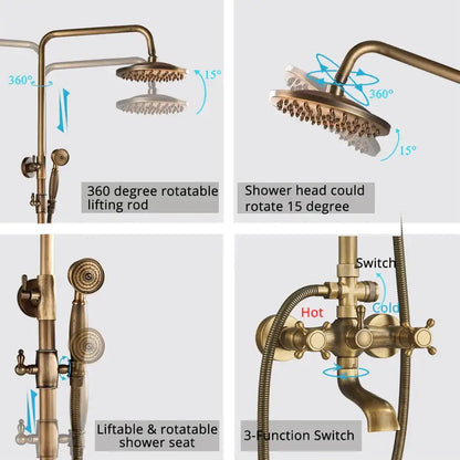 Brass shower set featuring a circular vintage-style shower head with multiple spray nozzles for bathroom use