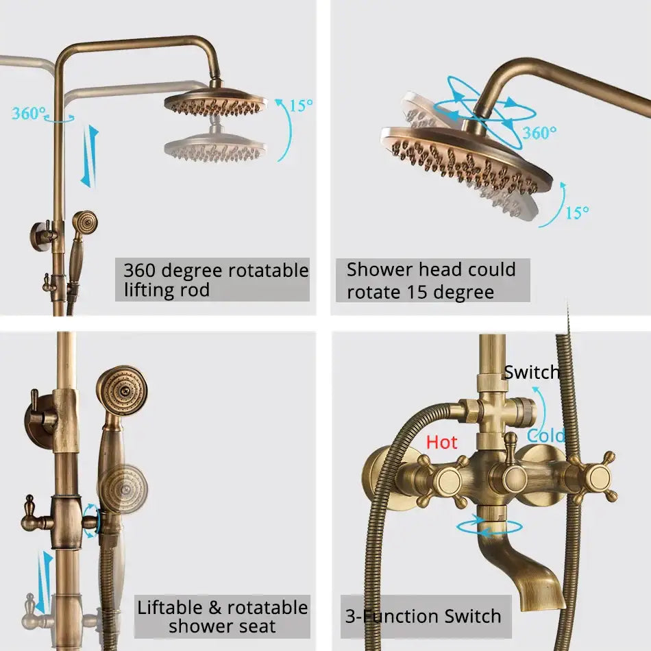 Brass shower set featuring a circular vintage-style shower head with multiple spray nozzles for bathroom use