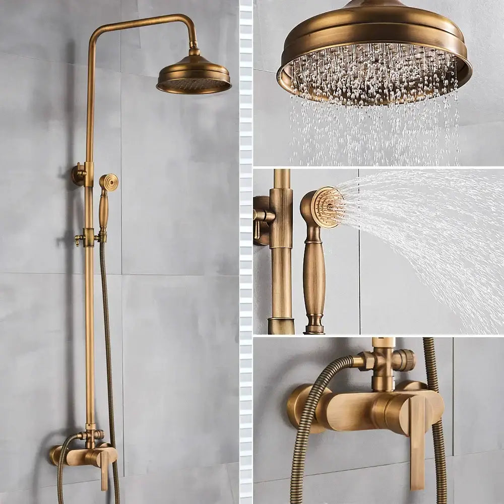 Antique brass shower set with ceramic hand sprayer brass-finished vintage decorbites brass shower system with rainhead