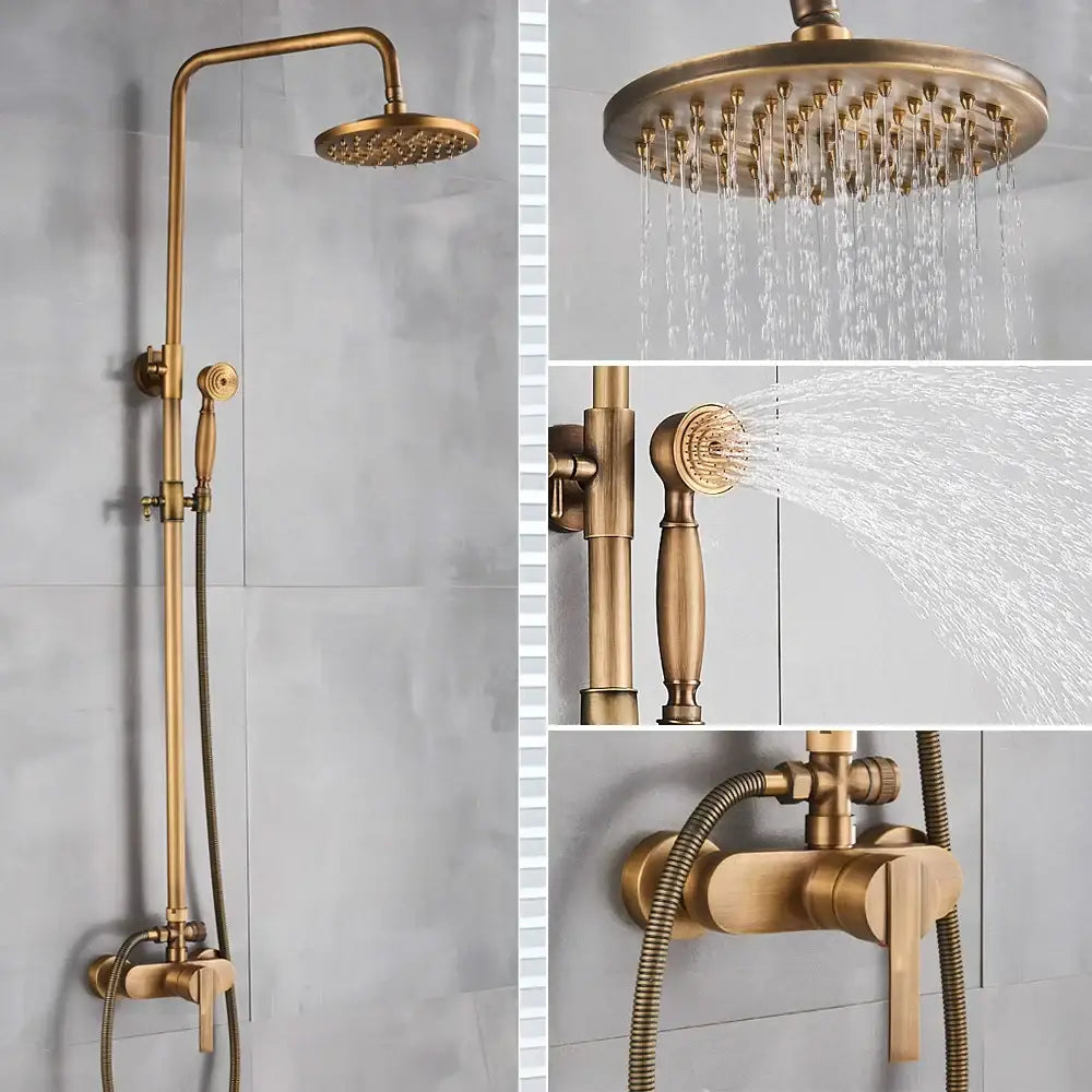 Antique brass shower set with brass finish, tall overhead rainhead, ceramic hand sprayer, and wall-mounted control valve by decorbites brass shower