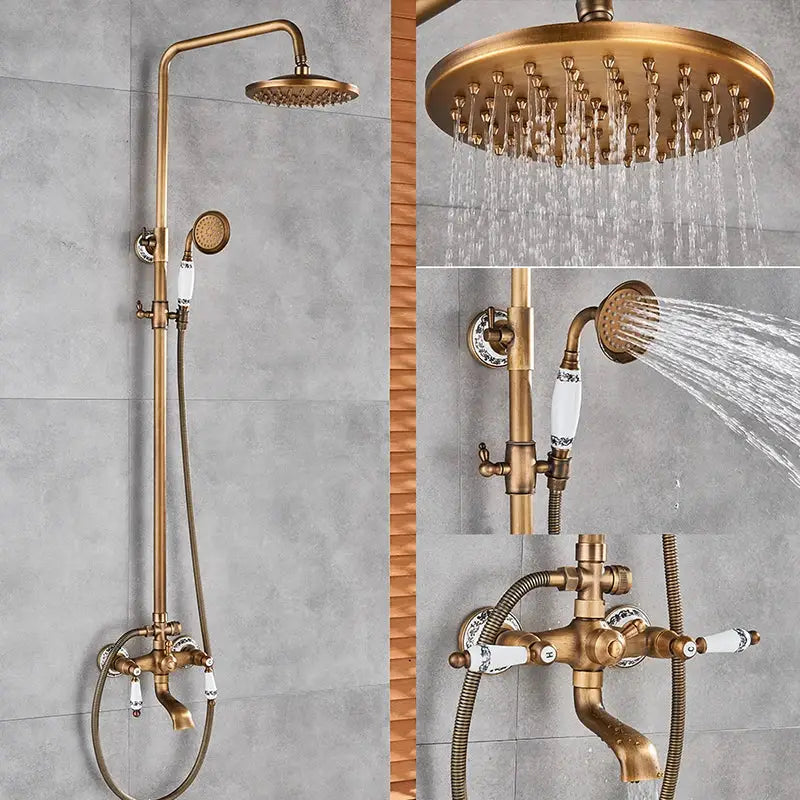 Antique brass shower set with ceramic knobs rainhead handheld showerhead and wall-mounted faucet decorbites brass shower