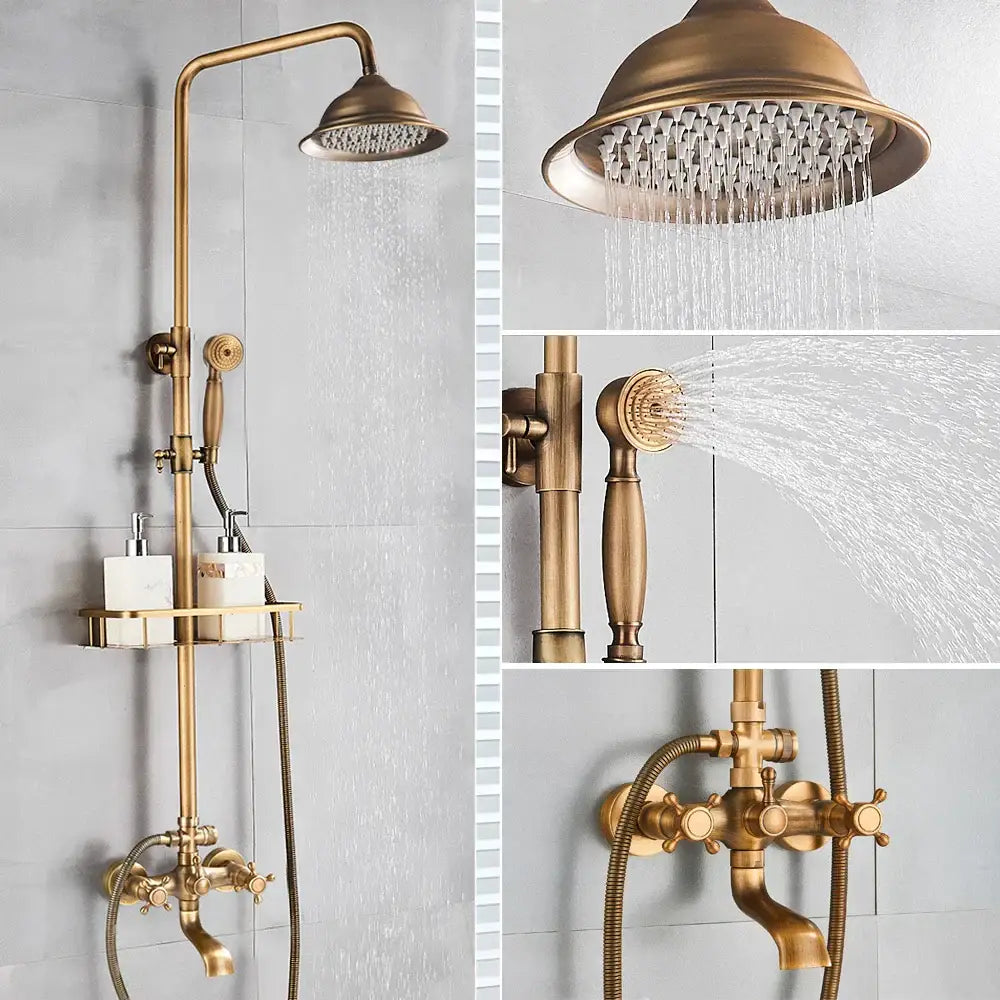 Antique brass shower set with ceramic hand sprayer decorbites brass shower featuring tall rainhead and wall-mounted valves