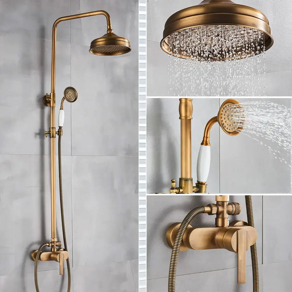 Antique brass shower set with brass finish, tall overhead rainhead, ceramic hand sprayer, and wall-mounted valve