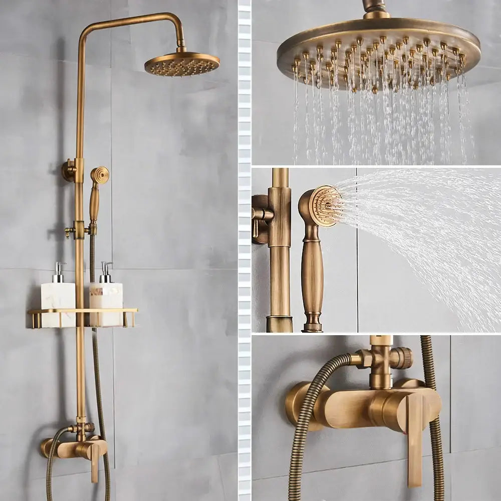 Antique brass shower set with ceramic hand sprayer decorbites brass shower featuring rainhead and wall control valve