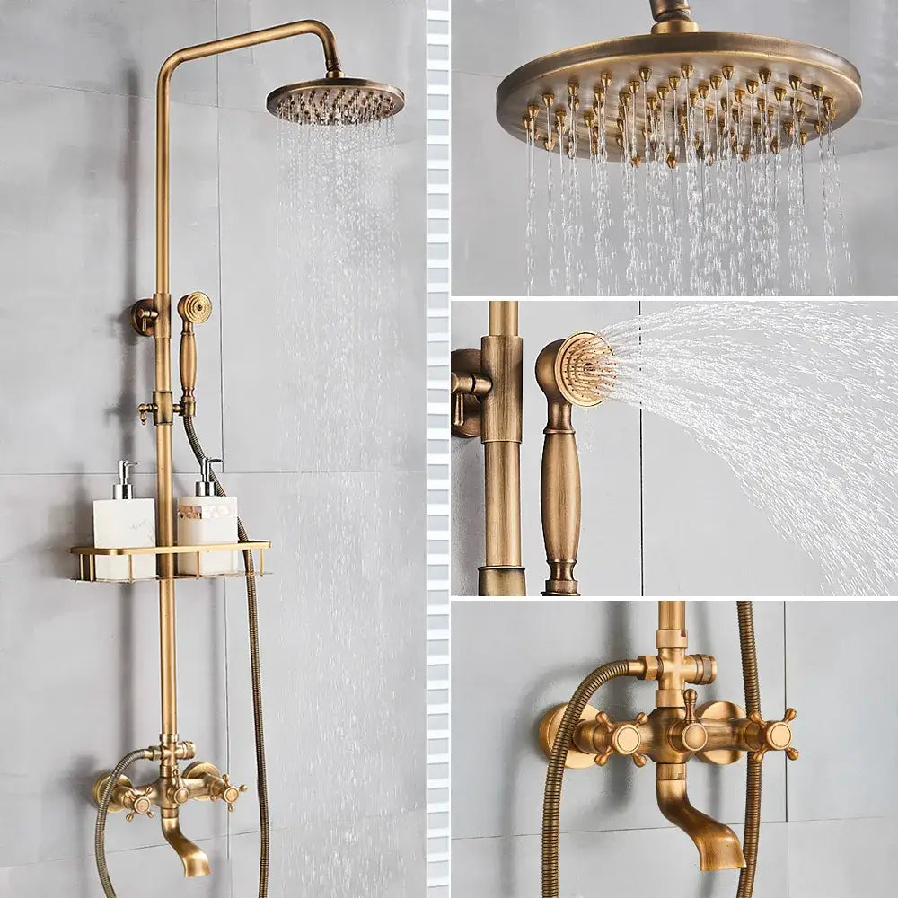 Antique brass shower set with ceramic hand sprayer featuring brass finish rainhead and wall-mounted faucet decorbites brass shower