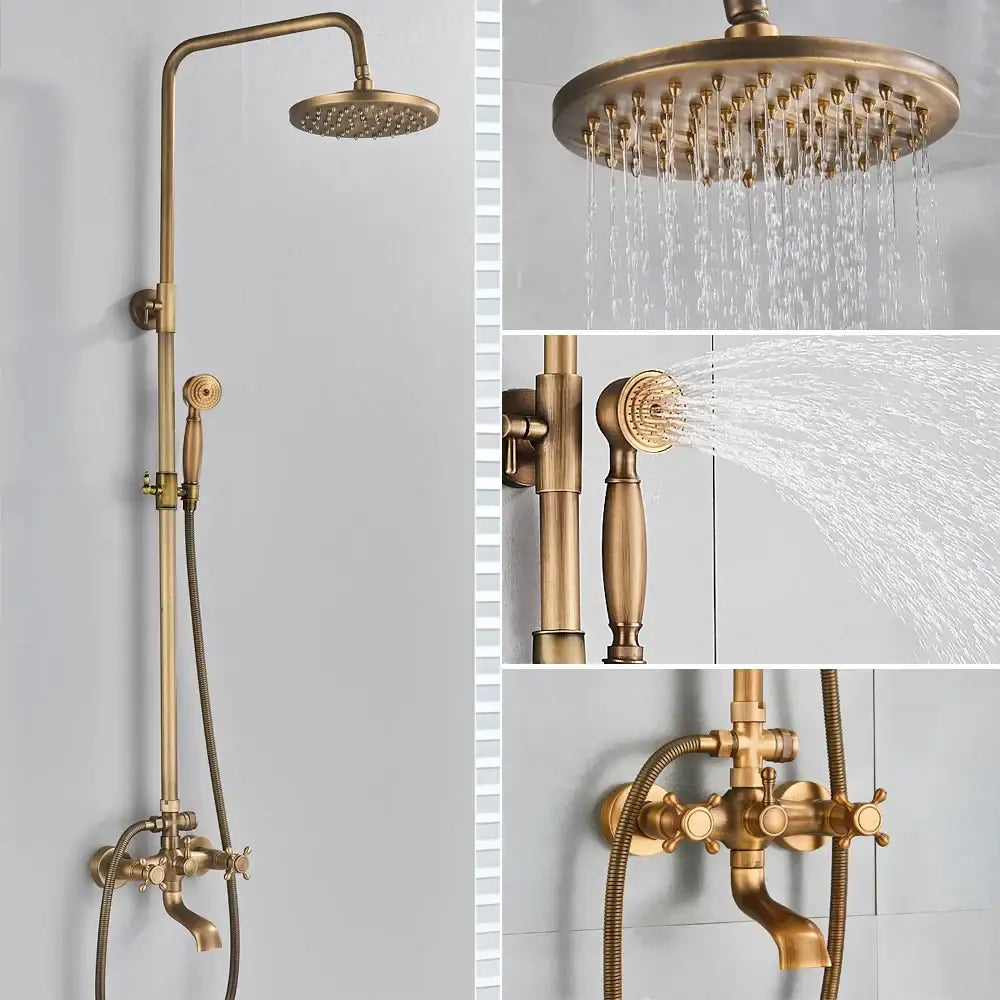 Antique brass shower set with ceramic hand sprayer and tall overhead rainhead in brass finish decorbites brass shower
