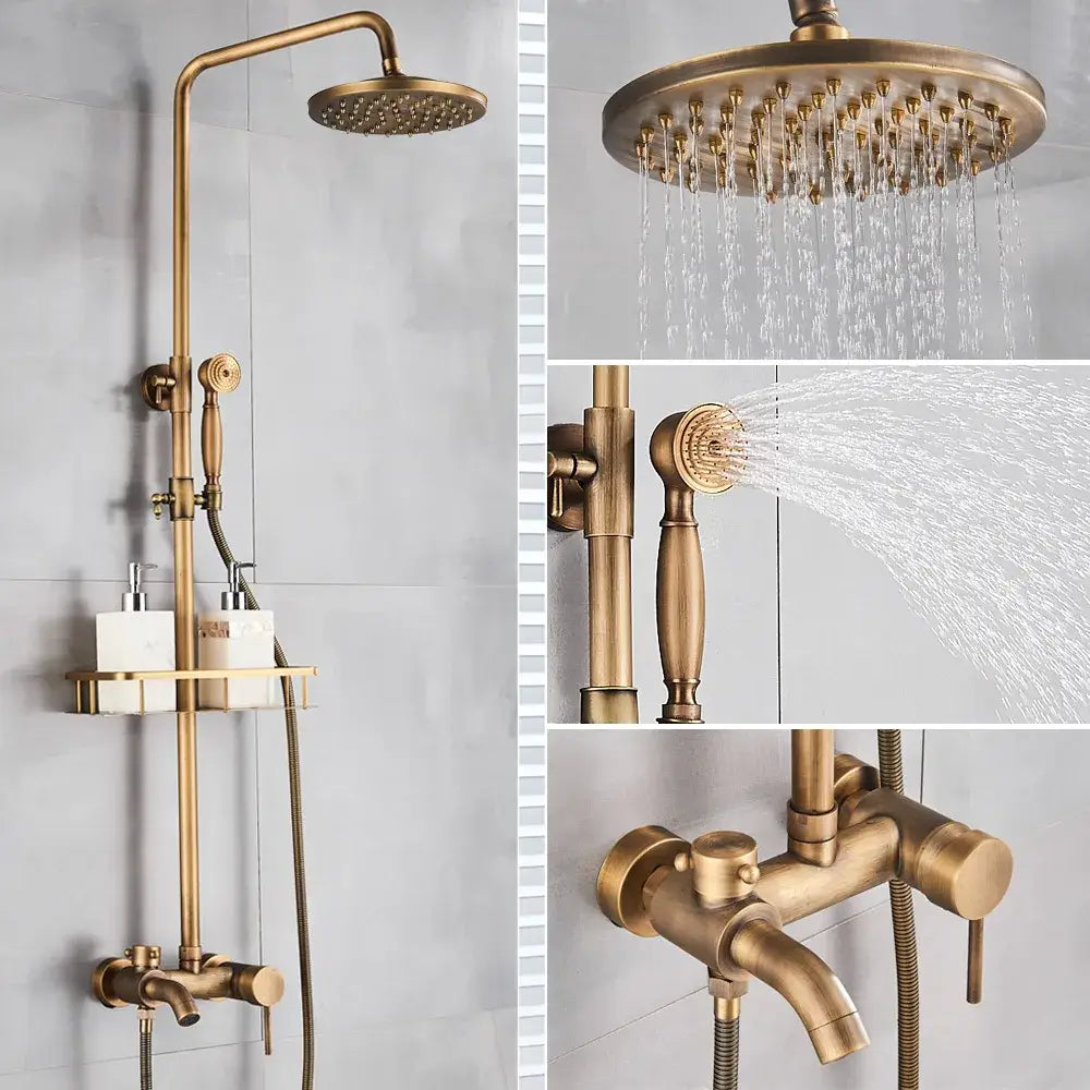 Antique brass shower set with ceramic hand sprayer featuring brass finish, round rainhead, and wall-mounted faucet decorbites brass shower