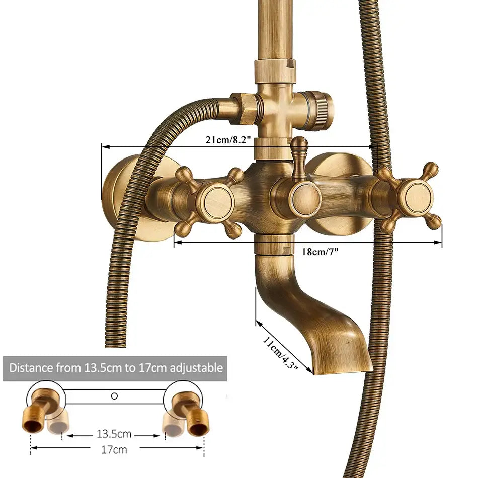Antique brass shower set with ceramic hand sprayer featuring three cross-shaped handles and flexible hoses decorbites brass shower