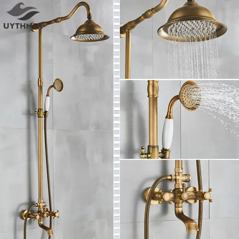 Antique brass shower set with a large overhead rainhead and ceramic hand sprayer for bathroom decorbites brass shower