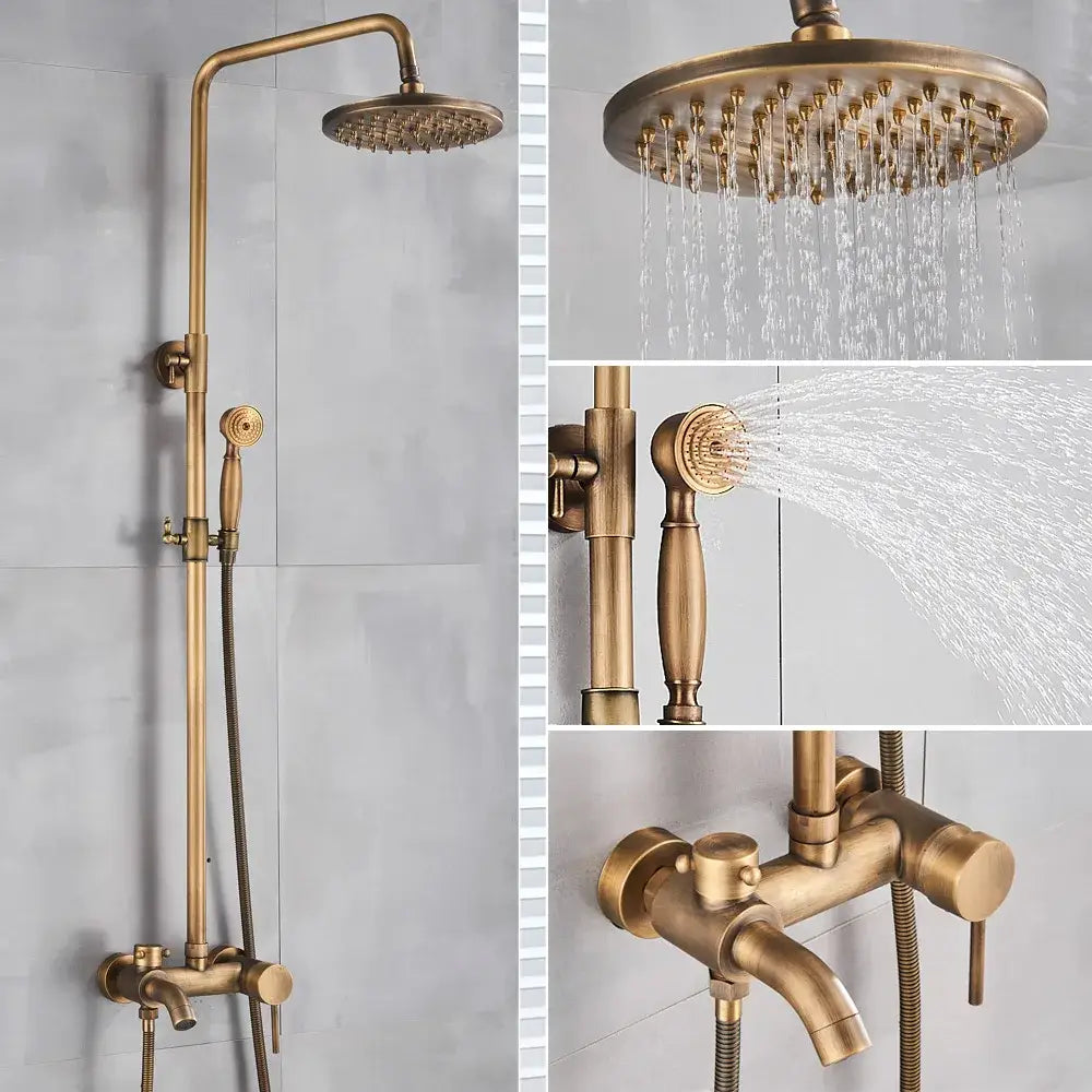 Antique brass shower set with brass shower set featuring large rainhead, ceramic hand sprayer, and wall-mounted control valve