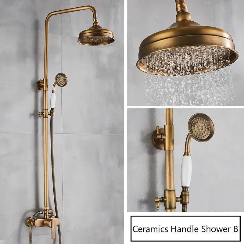 Antique brass shower set with fixed rainhead and handheld unit featuring white ceramic handle decorbites brass antique