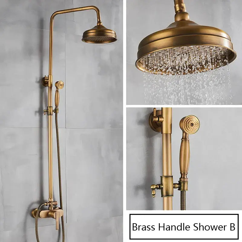Antique brass shower set with fixed rainhead and adjustable handheld spray in decorbites brass antique finish for bathroom